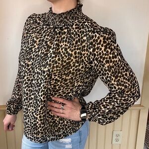 J Crew Long Sleeve Mockneck Top Womens Trending Cheeta Print Puff Sleeve Lined
